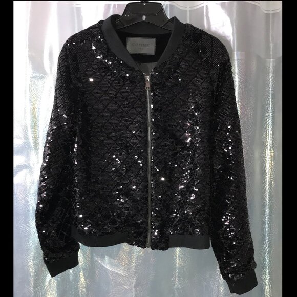 COMME USA - Black Sequin Long Sleeve  Zipper Bomber Jacket - Like New - Picture 1 of 7
